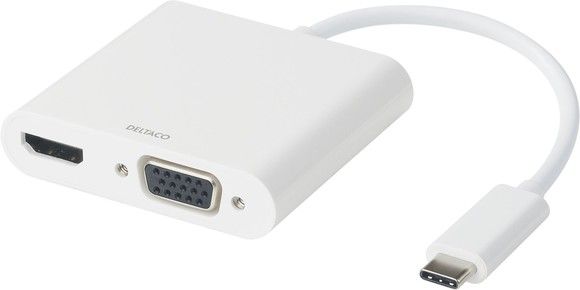 DELTACO USB-C dockningsstation, HDMI/VGA/USB-C, 100W USB-C PD 3.0, vit