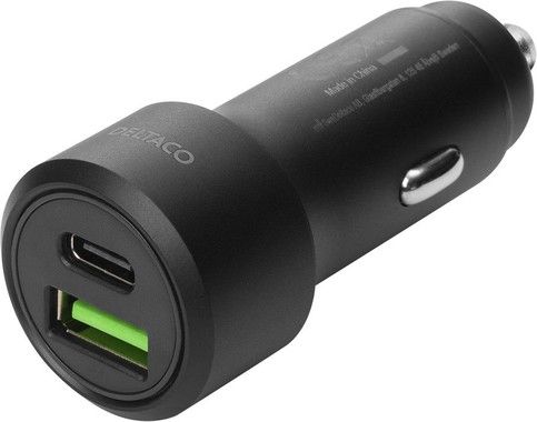 DELTACO USB car charger, 1x USB-C, PD 18 W, 1x USB-A, 18 W, 36W, metal